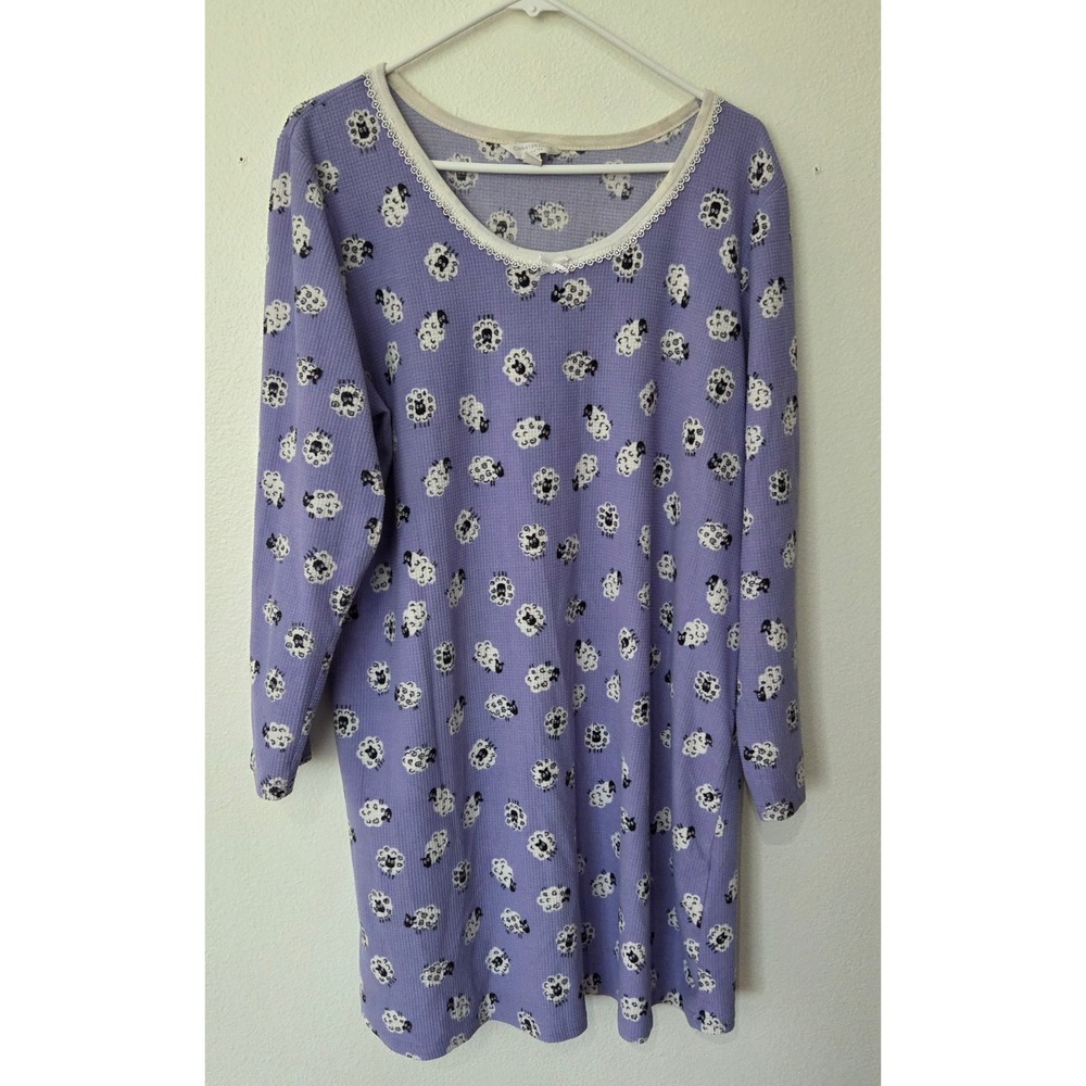 Charter Club Waffle Sleepshirt XL Lavender Sheep Print Lace Trim Nightshirt XL